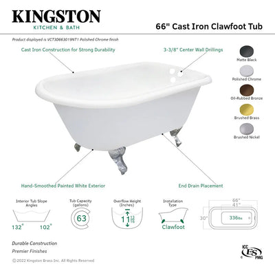 Kingston Brass Aqua Eden 66" Cast Iron Roll Top Clawfoot Tub with 3-3/8" Wall Drillings - VCT3D663019NT Kingston Brass