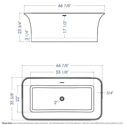 ALFI Brand AB9942 67" White Rectangular Solid Surface Smooth Resin Soaking Bathtub