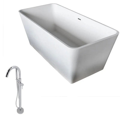 ANZZI Cenere Series 4.9 ft. Man-Made Stone Classic Freestanding Flatbottom Non-Whirlpool Bathtub in Matte White with Freestanding Faucet