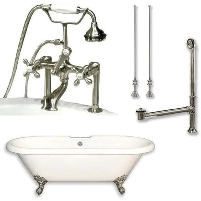 Cambridge Plumbing ADE-463D-6-PKG Acrylic Double Ended Clawfoot Bathtub 70" X 30" with 7" Deck Mount Faucet Drillings and Complete Plumbing Package