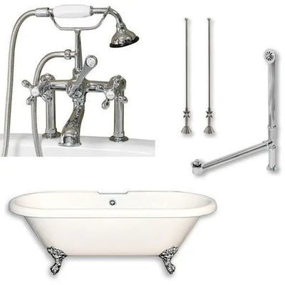 Cambridge Plumbing ADE-463D-6-PKG Acrylic Double Ended Clawfoot Bathtub 70" X 30" with 7" Deck Mount Faucet Drillings and Complete Plumbing Package