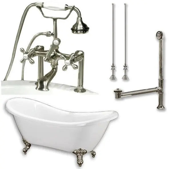 Cambridge Plumbing ADES-463D-6-PKG-BN-7DH Acrylic Double Ended Clawfoot Bathtub 68" X 28" no Faucet Drillings Complete Brushed Nickel Plumbing Package