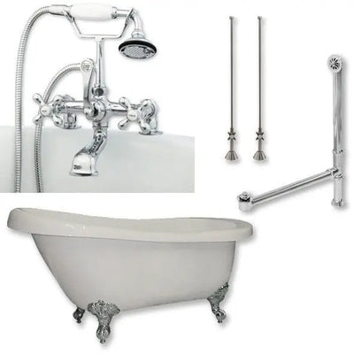 Cambridge Plumbing AST61-463D-2-PKG Acrylic Slipper Bathtub 61" X 28" with 7" Deck Mount Faucet Drillings and Complete Plumbing Package