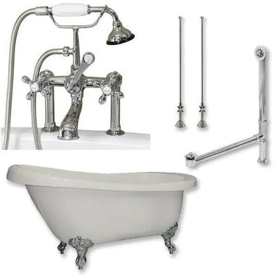 Cambridge Plumbing AST61-463D-6 Acrylic Slipper Bathtub 61" X 28" with 7" Deck Mount Faucet Drillings and Complete Plumbing Package