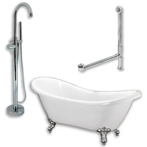 Cambridge Plumbing Acrylic Double Ended Clawfoot Bathtub 68" X 28" with no Faucet Drillings and Complete Polished Chromel Plumbing Package