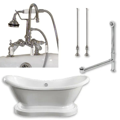 Cambridge Plumbing Acrylic Double Ended Pedestal Slipper Bathtub 68" X 28" with 7" Deck Mount Faucet Drillings and Complete Plumbing Package Cambridge Plumbing