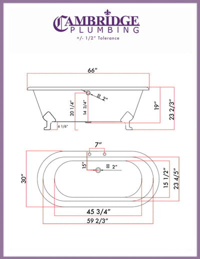 Cambridge Plumbing Cast Iron Double Ended Clawfoot Tub 67" X 30" Cambridge Plumbing