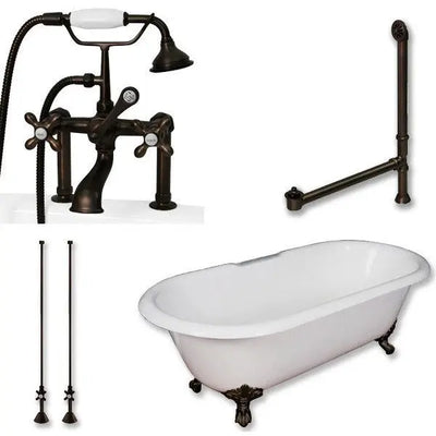 Cambridge Plumbing Cast Iron Double Ended Clawfoot Tub 67" by 30" with 7" Deck Mount Faucet Drillings and Plumbing Package With Deck Mount Risers