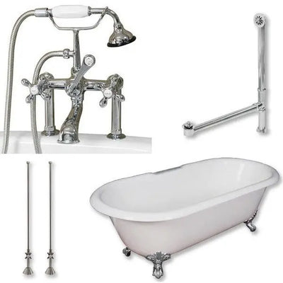 Cambridge Plumbing Cast Iron Double Ended Clawfoot Tub 67" by 30" with 7" Deck Mount Faucet Drillings and Plumbing Package With Deck Mount Risers