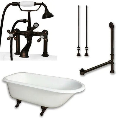 Cambridge Plumbing Cast-Iron Rolled Rim Clawfoot Tub 55" by 30" with 7" Deck Mount Faucet Drillings And Faucet Complete Plumbing Package