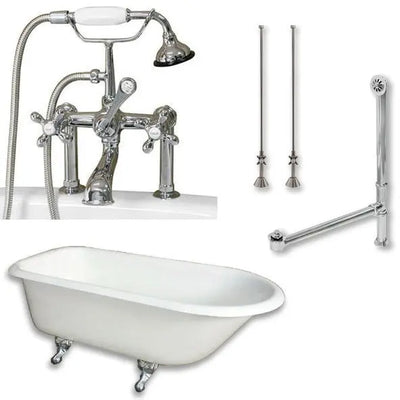 Cambridge Plumbing Cast-Iron Rolled Rim Clawfoot Tub 55" by 30" with 7" Deck Mount Faucet Drillings And Faucet Complete Plumbing Package