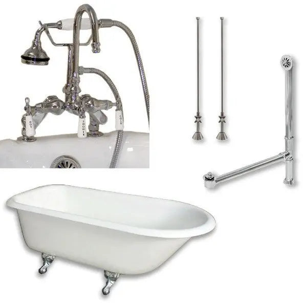 Cambridge Plumbing Cast-Iron Rolled Rim Clawfoot Tub 55" by 30" with 7" Deck Mount Faucet Drillings and Faucet Great Polished Chrome Plumbing Package