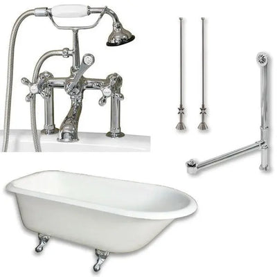 Cambridge Plumbing Cast-Iron Rolled Rim Clawfoot Tub 61" by 30" with 7" Deck Mount Faucet Drillings and Faucet Plumbing Package With Deck Mount Risers