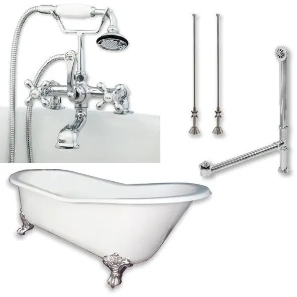 Cambridge Plumbing Cast Iron Slipper Clawfoot Tub 61" X 30" with 7" Deck Mount Faucet Drillings and Complete Plumbing Package