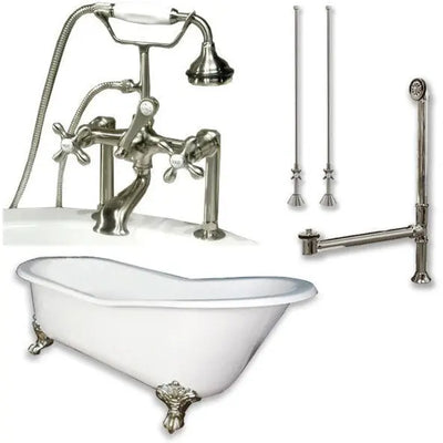 Cambridge Plumbing Cast Iron Slipper Clawfoot Tub 61" X 30" with 7" Deck Mount Faucet Drillings and Faucet Complete Plumbing Package Deck Mount Risers