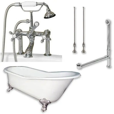 Cambridge Plumbing Cast Iron Slipper Clawfoot Tub 61" X 30" with 7" Deck Mount Faucet Drillings and Faucet Complete Plumbing Package Deck Mount Risers