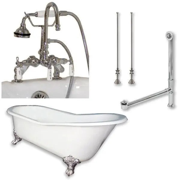 Cambridge Plumbing Cast Iron Slipper Clawfoot Tub 61" X 30" with 7" Faucet Drillings and English Telephone Style Faucet Complete Plumbing Package