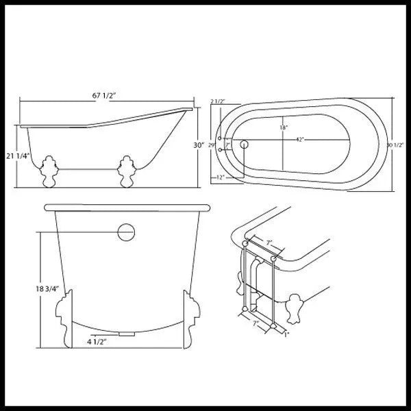 Cambridge Plumbing Cast Iron Slipper Clawfoot Tub 67" X 30"