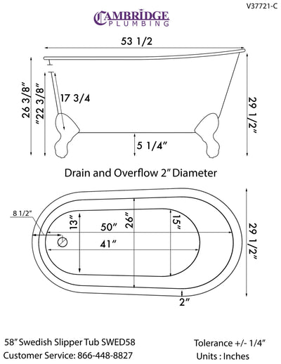 Cambridge Plumbing Cast Iron Swedish Slipper Tub 54" X 30" - SWED54-NH Cambridge Plumbing