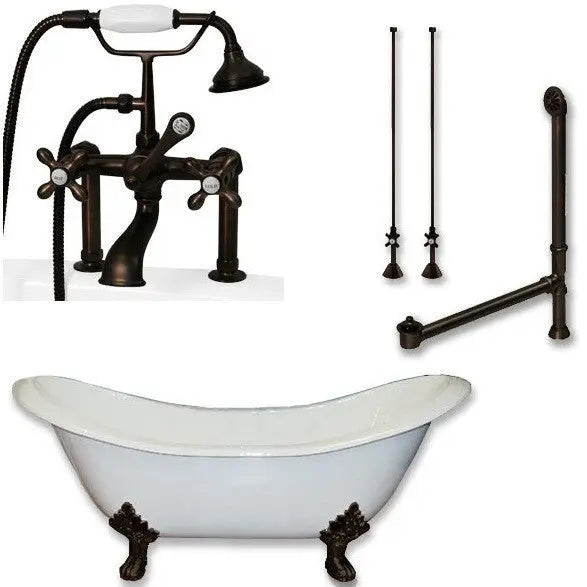 Cambridge Plumbing DES-463D-6-PKG Cast Iron Double Ended Slipper Tub 71" by 30" with 7" Deck Mount Faucet Drillings and Faucet Complete Package