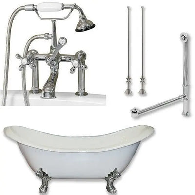 Cambridge Plumbing DES-463D-6-PKG Cast Iron Double Ended Slipper Tub 71" by 30" with 7" Deck Mount Faucet Drillings and Faucet Complete Package