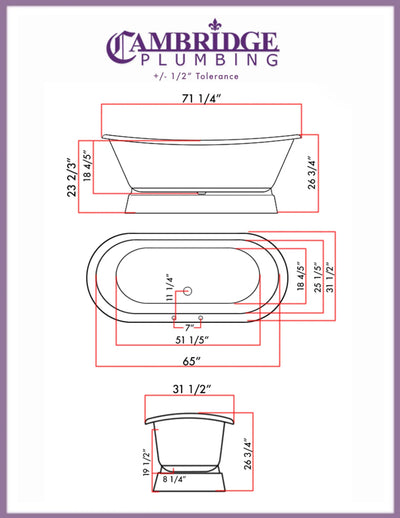 Cambridge Plumbing DES-PED Cast Iron Double Ended Slipper Tub 71" X 30" Cambridge Plumbing