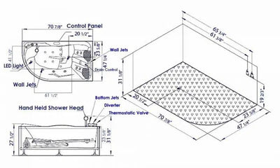 EAGO AM124ETL-L 71" Double Corner Acrylic Jetted Jacuzzi Whirlpool Tub