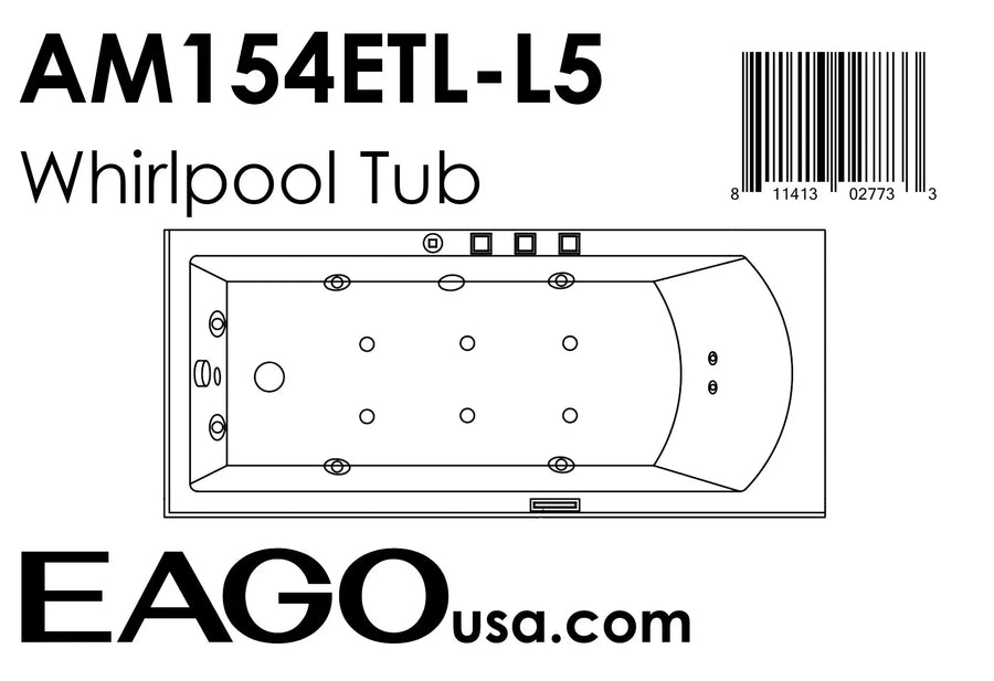 EAGO AM154ETL-L5 5 ft Acrylic White Rectangular Whirlpool Bathtub w Fixtures