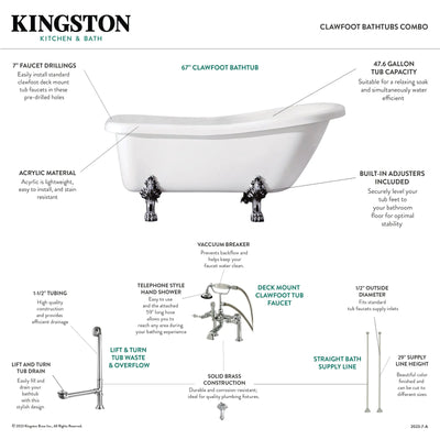 Kingston Brass Aqua Eden 67-Inch Acrylic Single Slipper Clawfoot Tub Combo - KTDE692823C