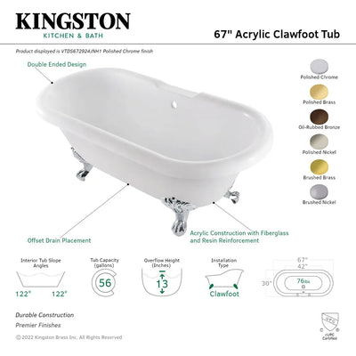 Kingston Brass - Aqua Eden 67" Acrylic Double Ended Clawfoot Tub - VTDS672924JNH Kingston Brass