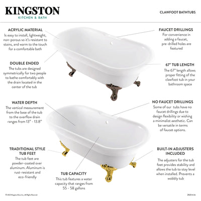 Kingston Brass - Aqua Eden 67" Acrylic Double Ended Clawfoot Tub - VTDS672924JNH Kingston Brass