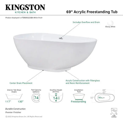 Kingston Brass Aqua Eden VTDE693223BA 69-Inch Acrylic Double Ended Freestanding Tub with Drain, Glossy White Kingston Brass