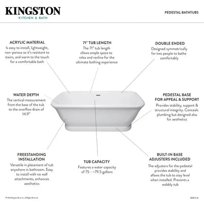 Kingston Brass Aqua Eden VTDE713524WA 71-Inch Acrylic Double Ended Pedestal Tub with Drain, Glossy White Kingston Brass