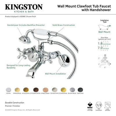 Kingston Brass KS266 Two-Handle 2-Hole Wall Mount Clawfoot Tub Faucet with Hand Shower Kingston Brass