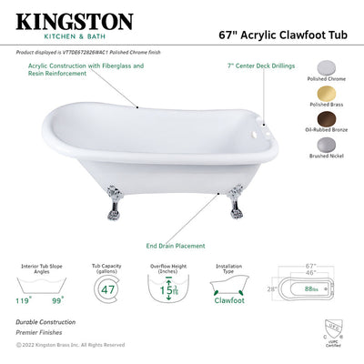 Kingston Brass Aqua Eden VT7DE672826WAC 67" Acrylic Single Slipper Clawfoot Tub Kingston Brass