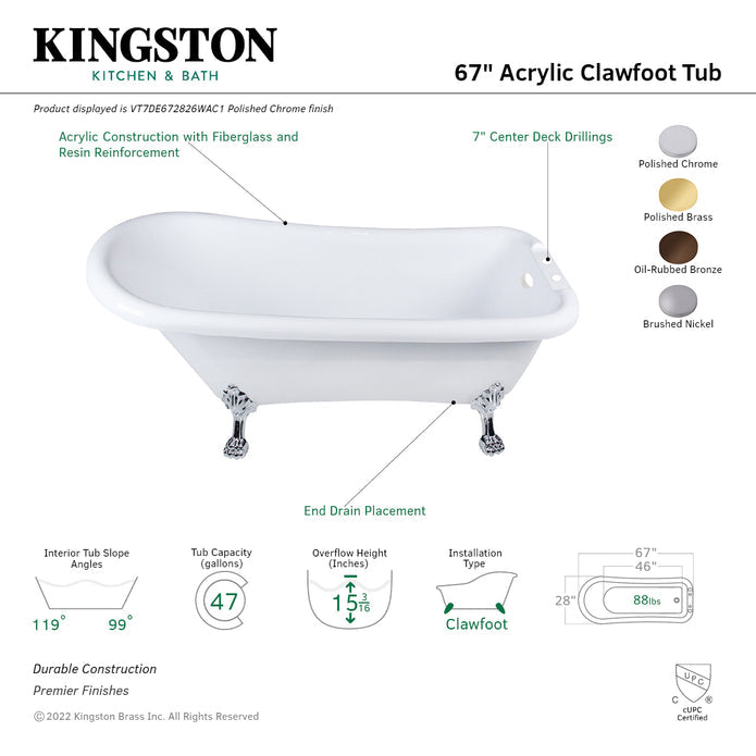 Kingston Brass Aqua Eden VT7DE672826WAC 67" Acrylic Single Slipper Clawfoot Tub Kingston Brass