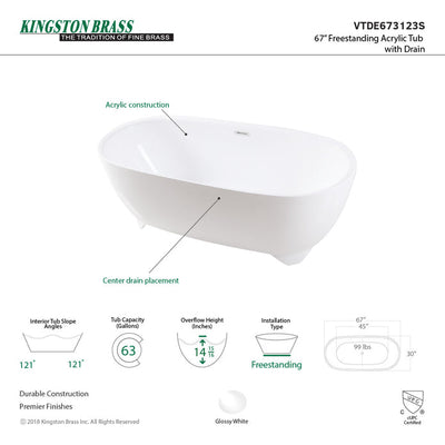 Kingston Brass Aqua Eden VTDE673123S 67-Inch Acrylic Double Ended Freestanding Tub with Drain